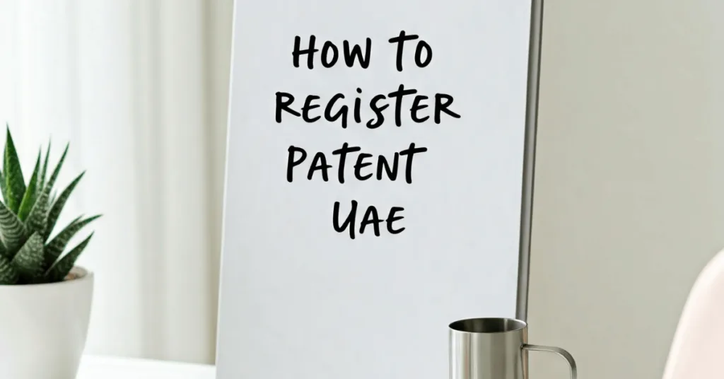 create an image where there a office background. there is desktop, keyboard, notebook, pen, coffee mug, small plant on table all in white background. There is a note behind the plant where is it written HOW TO APPLY FOR PATENT REGISTRATION IN THE UAE