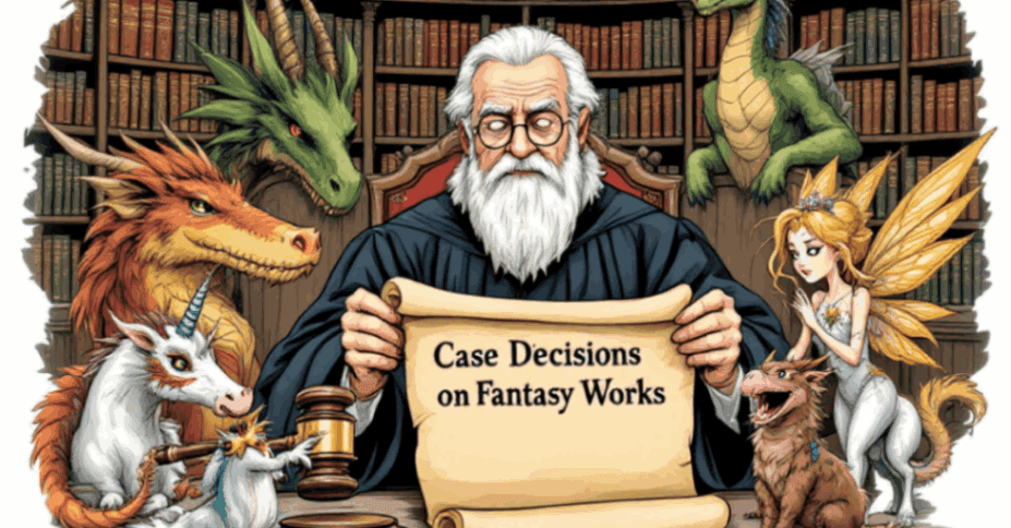A whimsical fantasy-themed courtroom scene with a judge holding a scroll that reads "Case Decisions on Fantasy Works." The judge is surrounded by various mythical creatures, including dragons, a unicorn, a fairy, and a small creature resembling a griffin. The background features a large bookshelf filled with books, creating a scholarly and judicial atmosphere. This imaginative image combines elements of fantasy with the formal setting of a courtroom, making it visually intriguing and relevant.
