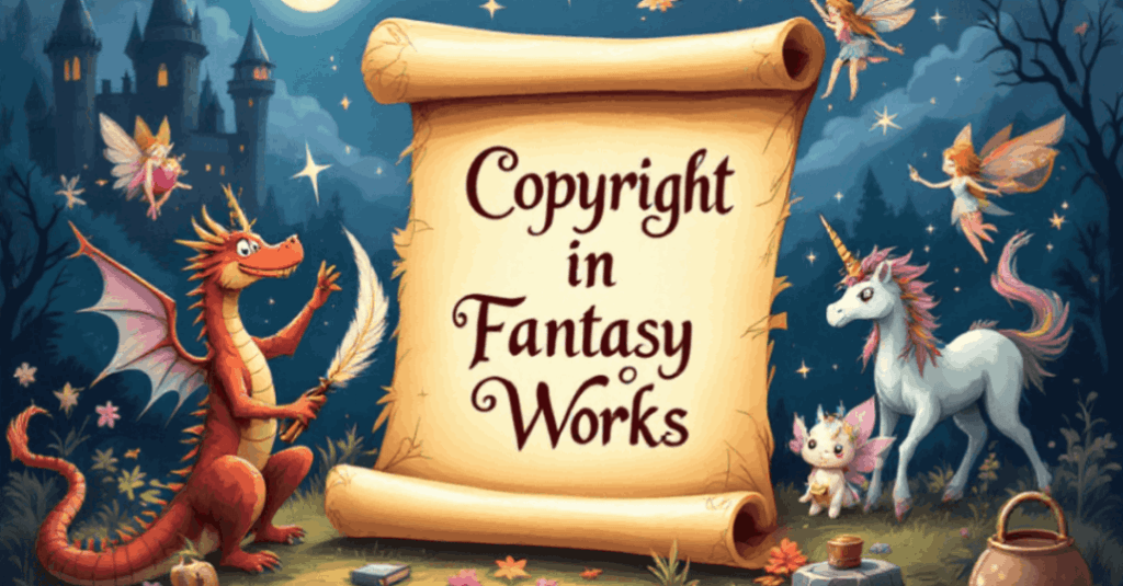 An illustrated fantasy scene featuring a red dragon holding a quill, a scroll with the text "Copyright in Fantasy Works," a white unicorn with a pink mane, a small fairy-like creature, and several fairies flying around. The background includes a castle, a full moon, and a starry night sky