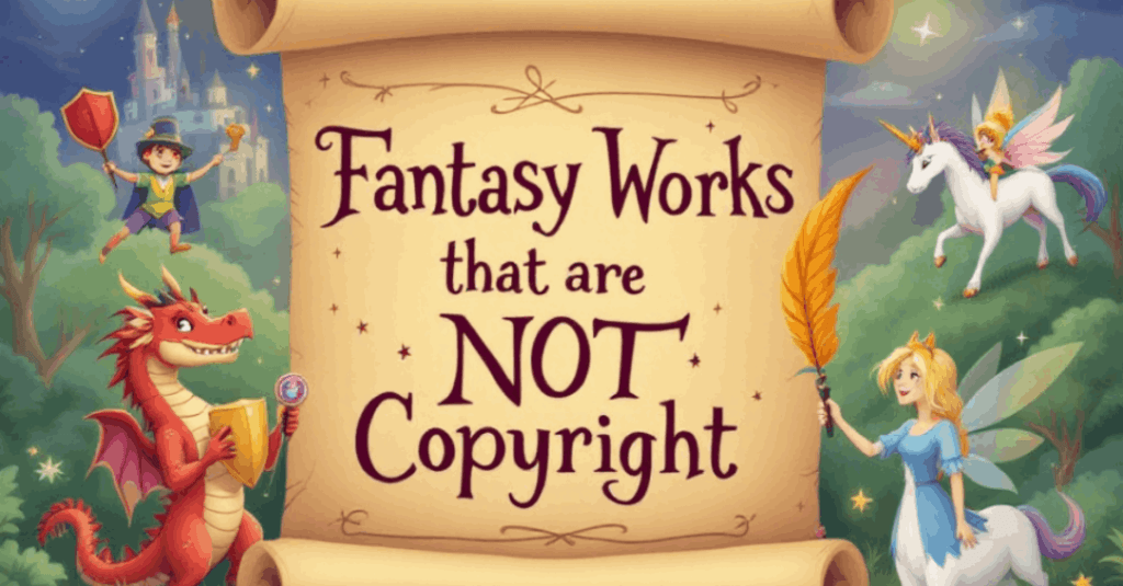A whimsical fantasy scene with a scroll in the center that reads, "Fantasy Works that are NOT Copyright." Surrounding the scroll are fantasy elements: a red dragon holding a book and magnifying glass on the left, a fairy with wings holding a large quill on the right, a unicorn with wings in the background, and a knight with a shield and sword near a castle in the top left corner. The background features a starry sky and lush greenery, creating a colorful and playful illustration.