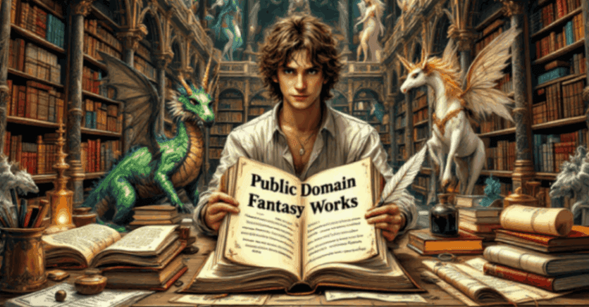 This image depicts a grand library filled with ancient books and scrolls, featuring mythical creatures like a dragon, a unicorn, and a fairy. In the center, a person is holding an open book titled "Public Domain Fantasy Works," with a quill pen and inkwell nearby. The background includes famous fantasy characters and scenes, emphasizing the rich history and availability of public domain works. The image conveys the accessibility and creative potential of using public domain fantasy works.