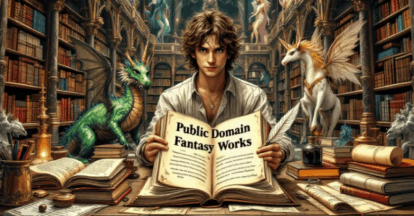 This image depicts a grand library filled with ancient books and scrolls, featuring mythical creatures like a dragon, a unicorn, and a fairy. In the center, a person is holding an open book titled "Public Domain Fantasy Works," with a quill pen and inkwell nearby. The background includes famous fantasy characters and scenes, emphasizing the rich history and availability of public domain works. The image conveys the accessibility and creative potential of using public domain fantasy works.
