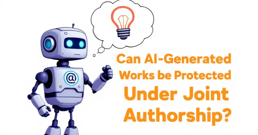an image shows a robot holding a copyright symbol, with a thought bubble containing a lightbulb to represent AI-generated ideas. The robot is standing on a stack of books symbolizing copyrighted content. The text 'Can AI-Generated Works Be Protected Under Joint Authorship?' is prominently displayed in the image.
