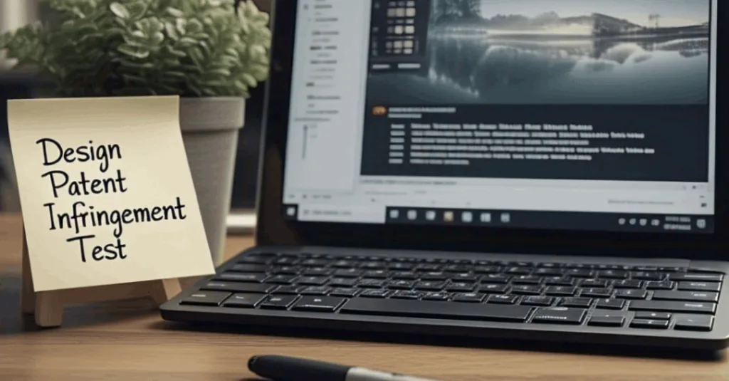 A laptop is open on a wooden desk next to a potted plant with green leaves. Beside the plant, there is a piece of paper with the text 'Design Patent Infringement Test' written on it in bold, black letters