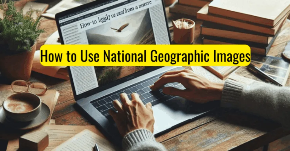 create an image of office table with cup, pen , laptop, keyboard, small green plant and there is an standing note which says " How to Use National Geographic Images "