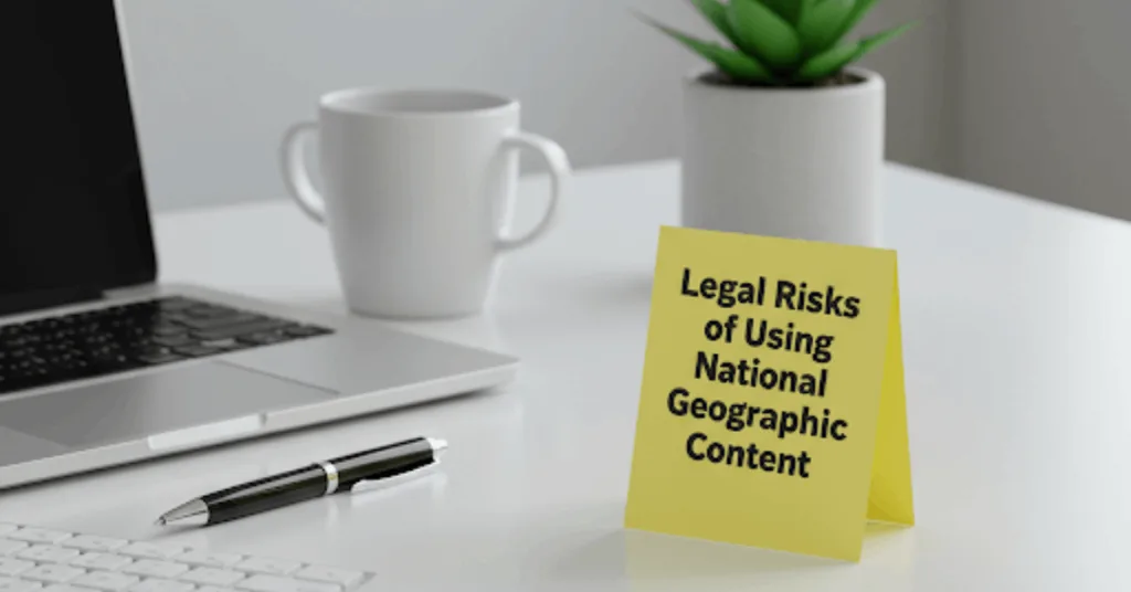 an image of office table with cup, pen , laptop, keyboard, small green plant and there is an standing note which says " Legal Risks of Using National Geographic Content"