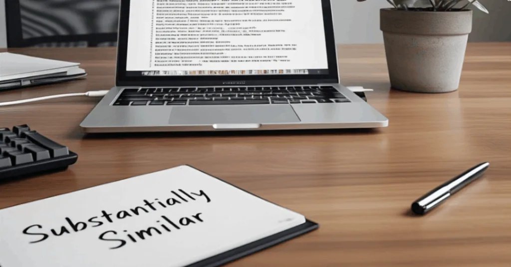 there is a office background on the table there is laptop in which there is a patent design and keyboard, pen, small plant, and there is a note on which there a standing note on which is it written "Substantially Similar"