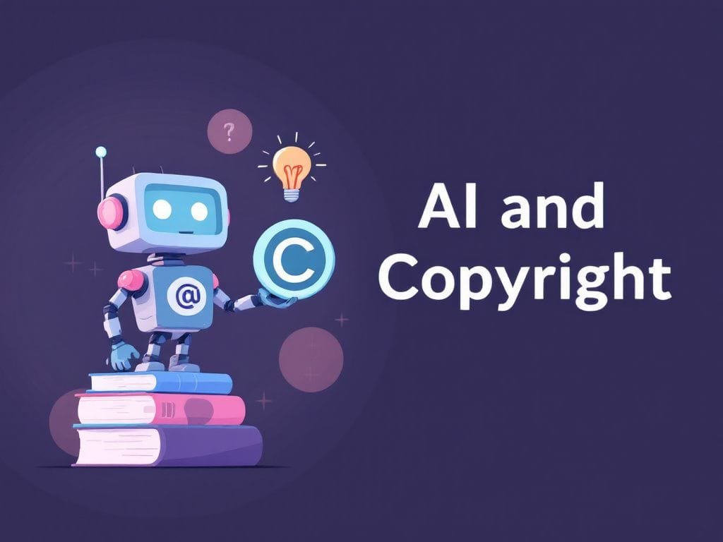 The image shows a robot holding a copyright symbol, with a thought bubble containing a lightbulb to represent AI-generated ideas. The robot is standing on a stack of books symbolizing copyrighted content. The text 'AI and Copyright' is prominently displayed in the image.