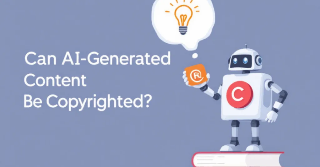This image shows a robot holding a copyright symbol, with a thought bubble containing a lightbulb to represent AI-generated ideas. The robot is standing on a stack of books symbolizing copyrighted content. The text 'Can AI-Generated Content Be Copyrighted?' is prominently displayed in the image.