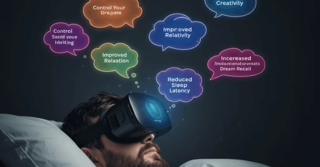A person peacefully sleeping on a high-tech pillow. Hovering panels around the pillow showcase the benefits of using Virtual Reality Lucid Dream Pillow, including improved dream control, increased dream recall, stress reduction, enhanced creativity, and better sleep quality.