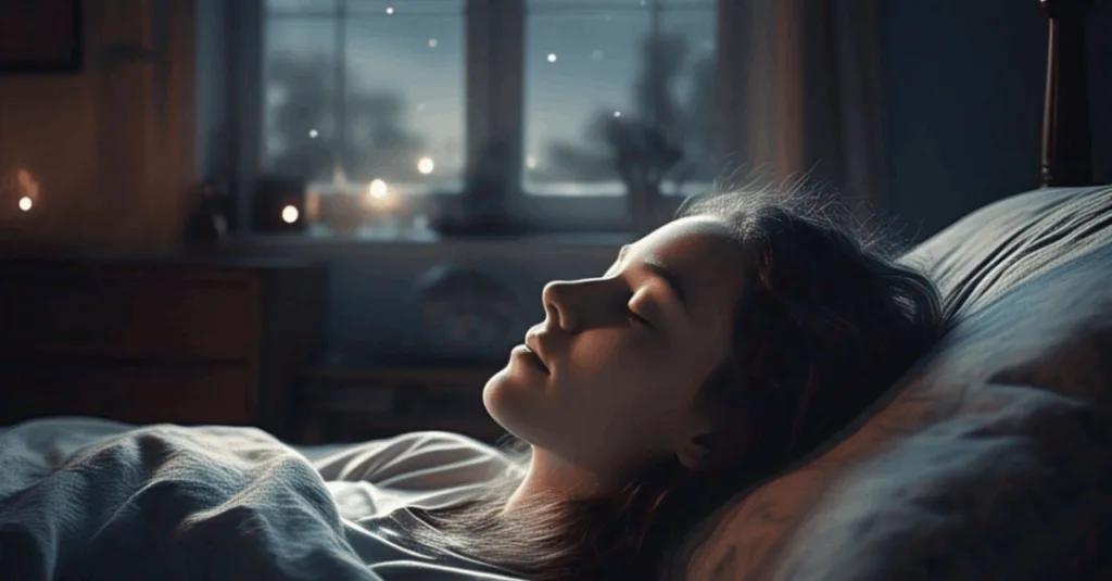 A serene nighttime scene with a pillow showing lucid dreams.