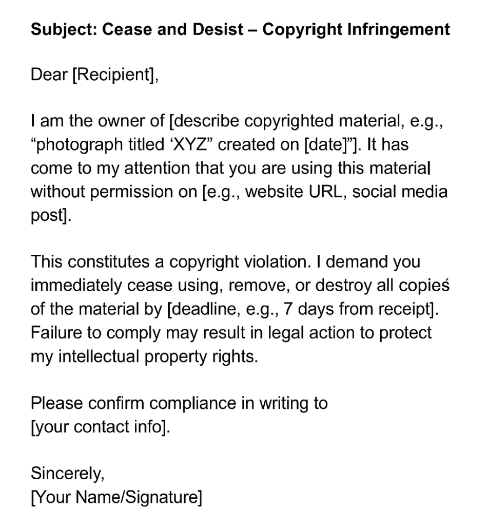 cease and desist letter for copyright infringement template